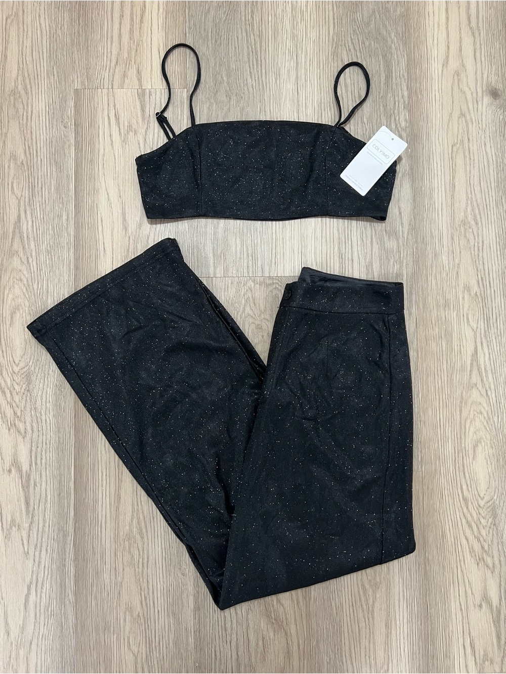 COLYSMO Black Sparkle Two Piece Set Brakette Wide Leg Pants Size Medium NWT